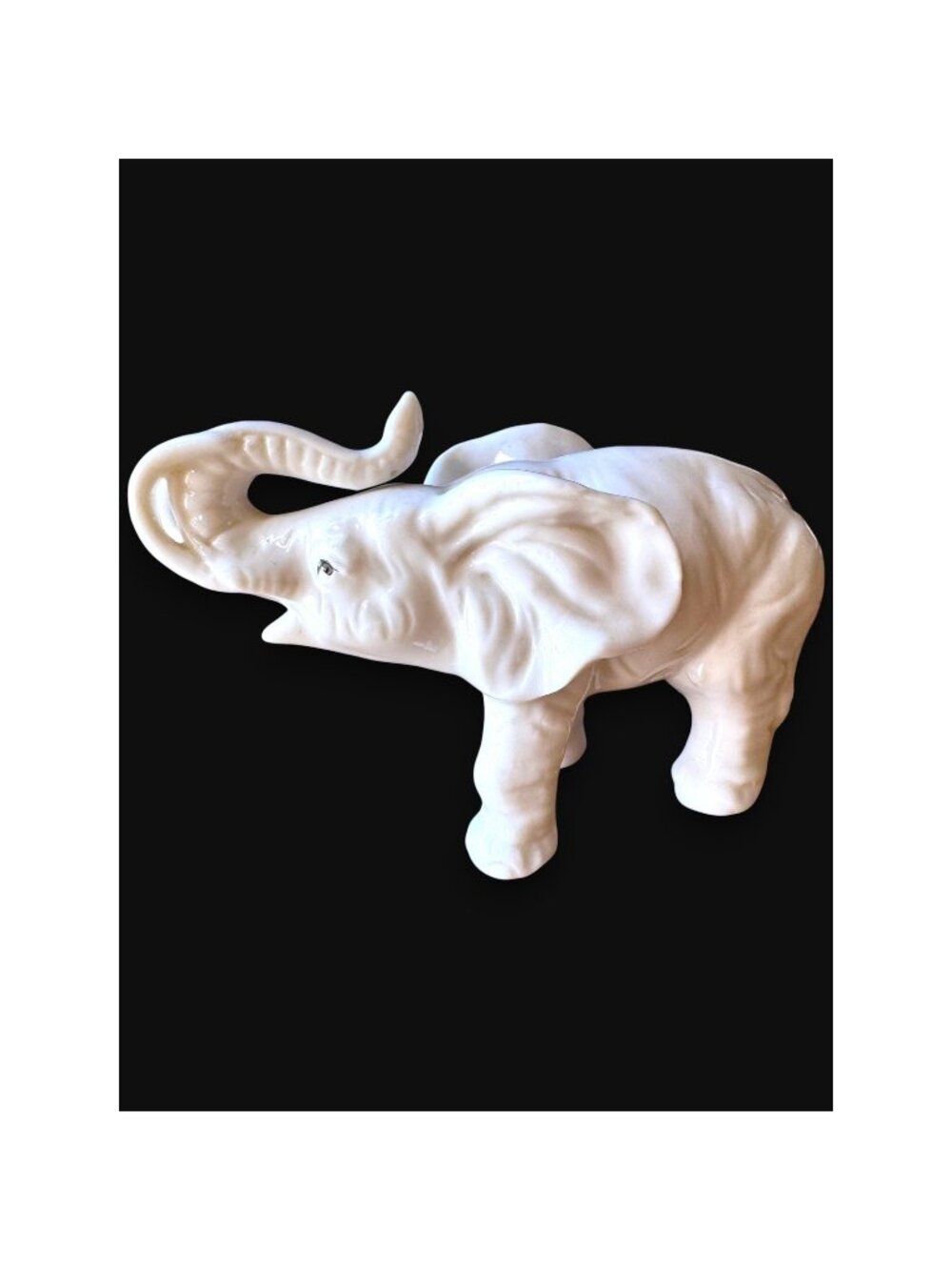 Porcelain Elephant Figurine Glossy White With Raised Trunk 3.5 Inches Vintage